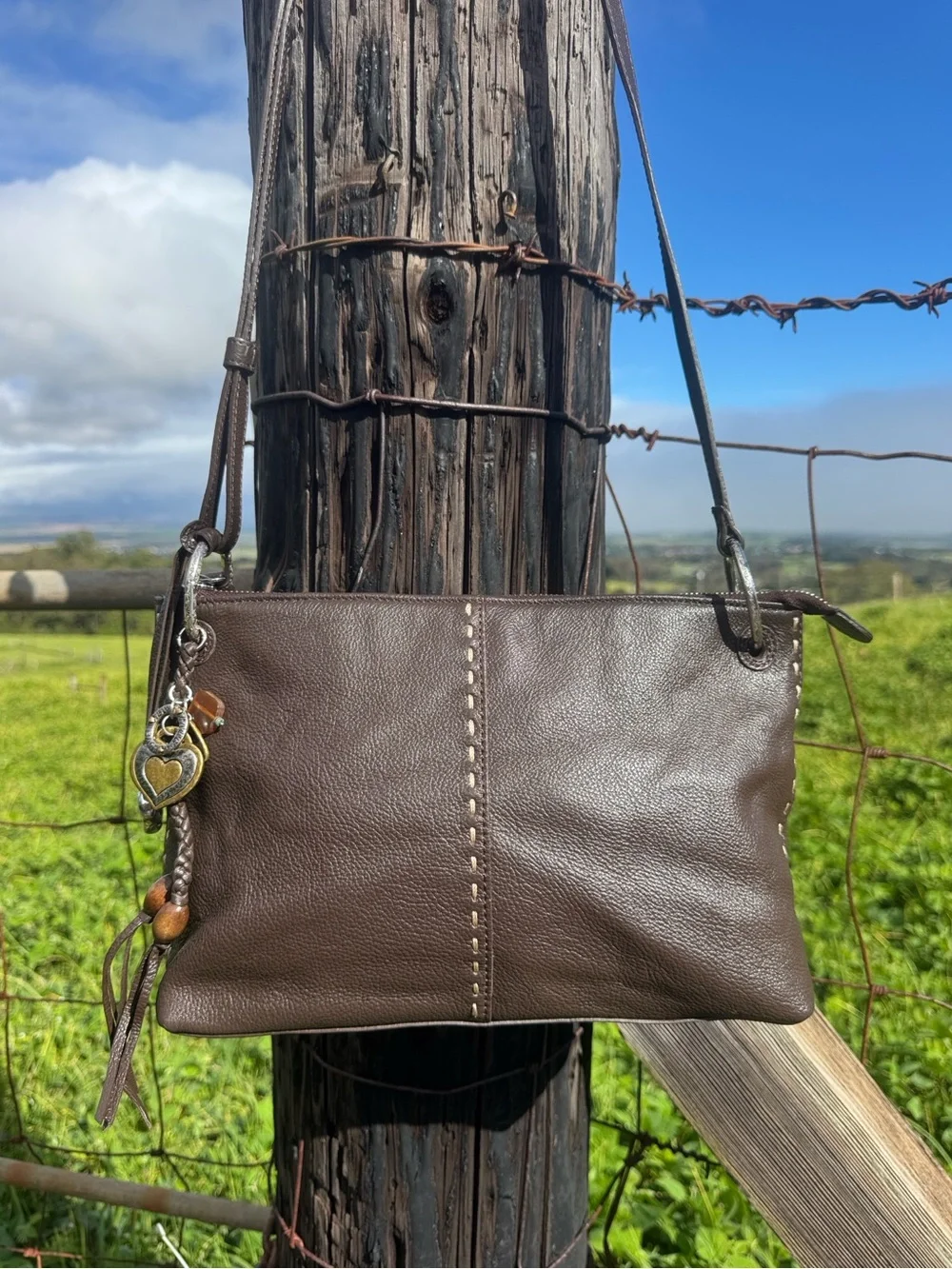 Brighton Koda Brown Leather Hobo Crossbody Tassle heart F367405